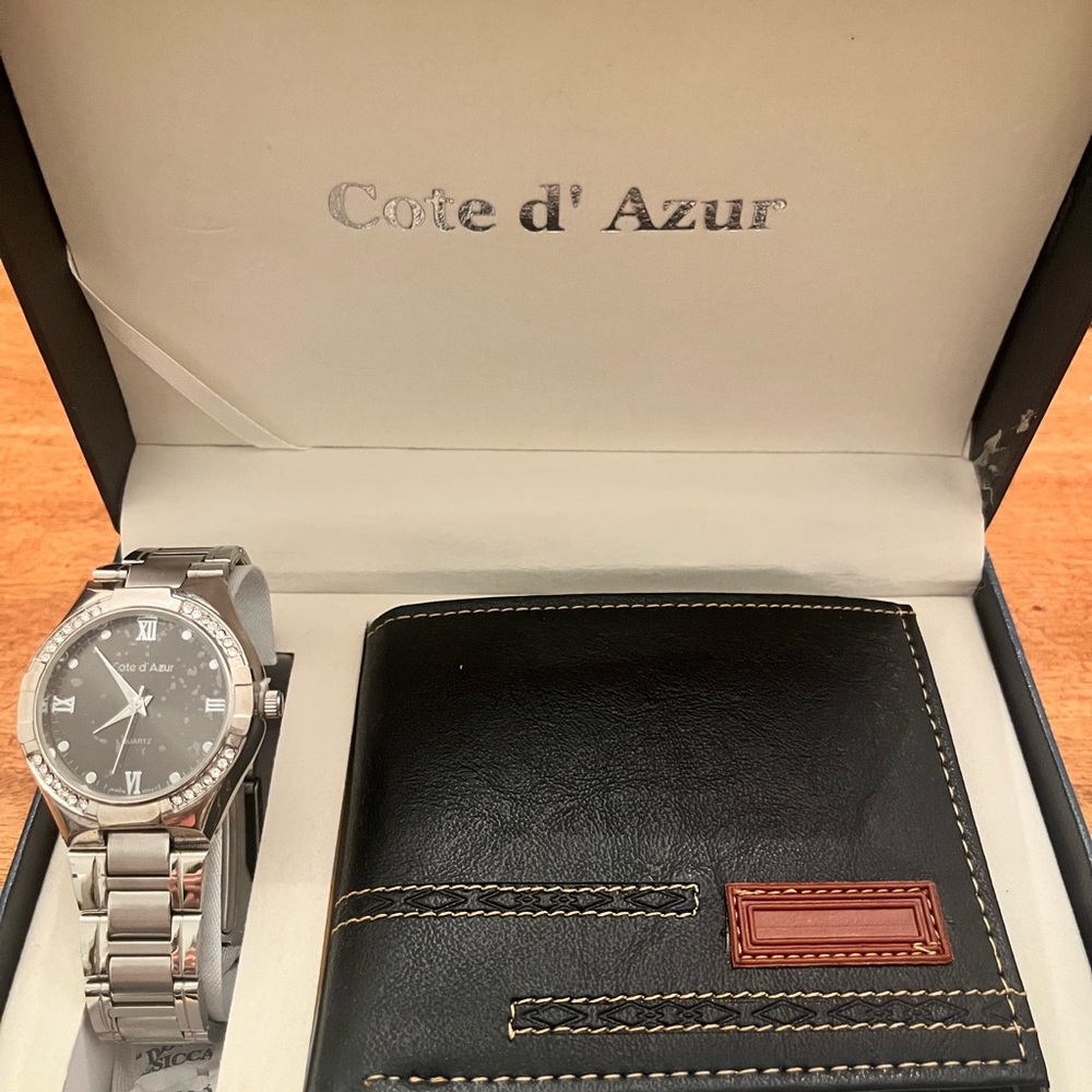 Cote d’ Azur Men’s gift set- Silver and Black Men's Watch, Wallet and pen